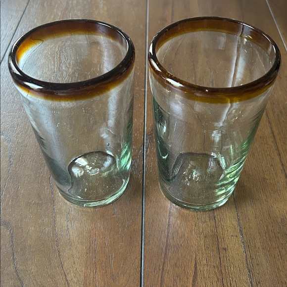 Pair (2) Amber Rim Mexican Hand Blown Recycled Glass 20 ounce Iced Tea Glasses - Picture 4 of 7